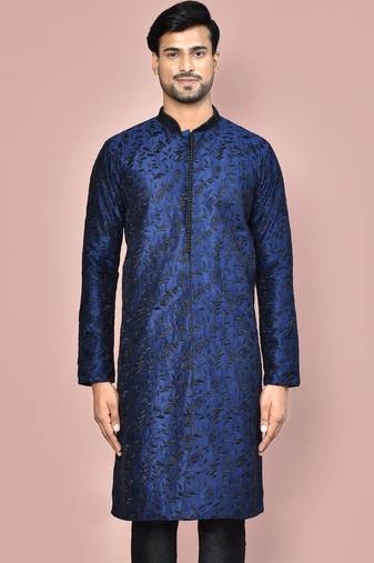 Navy blue dupion art silk  kurta with  open sherwani style and full inside cotton linen
