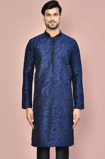 Navy blue dupion art silk  kurta with  open sherwani style and full inside cotton linen
