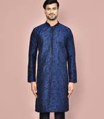 Navy blue dupion art silk  kurta with  open sherwani style and full inside cotton linen