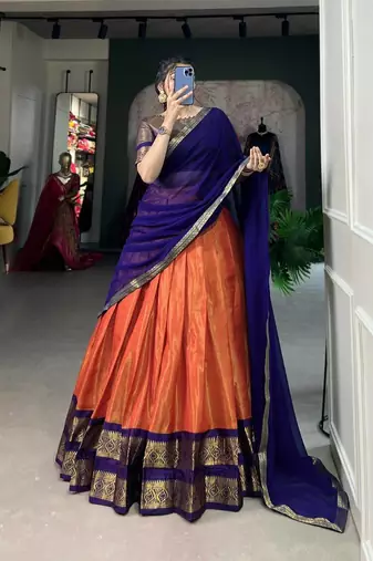 Stunning Burnt Orange & Royal Blue Border Silk Lehenga Choli Outfit