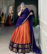 Stunning Burnt Orange & Royal Blue Border Silk Lehenga Choli Outfit