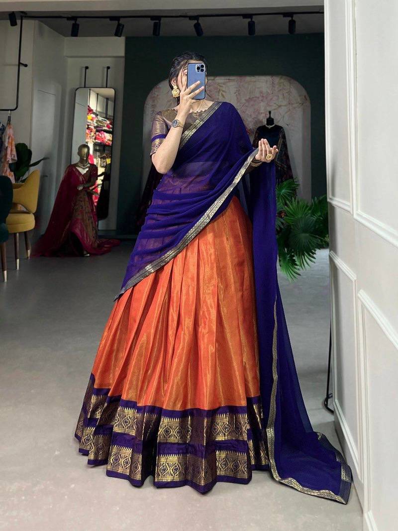 Stunning Burnt Orange & Royal Blue Border Silk Lehenga Choli Outfit