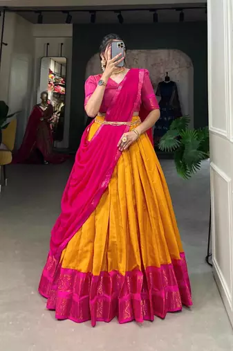 Graceful Yellow Rani Pink Contrast Silk Ethnic Lehenga Ensemble