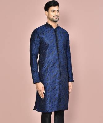 Navy blue dupion art silk  kurta with  open sherwani style and full inside cotton linen 2
