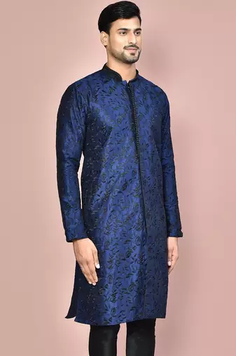 Navy blue dupion art silk  kurta with  open sherwani style and full inside cotton linen