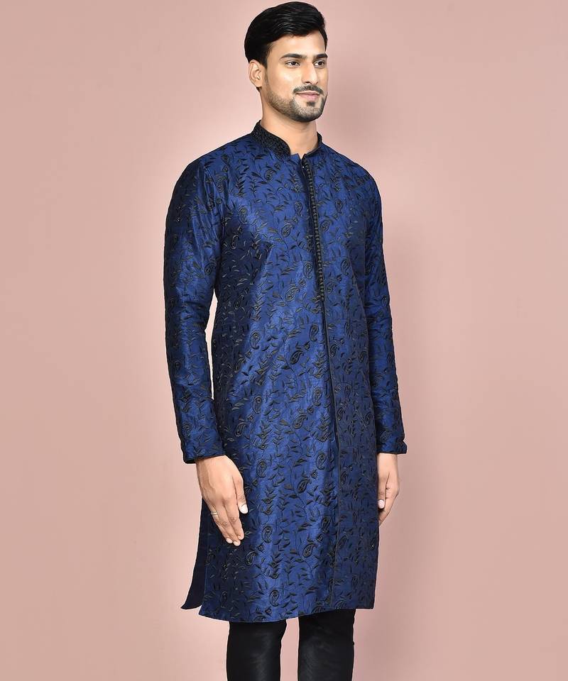 Navy blue dupion art silk  kurta with  open sherwani style and full inside cotton linen