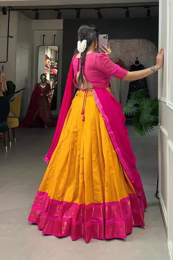 Graceful Yellow Rani Pink Contrast Silk Ethnic Lehenga Ensemble