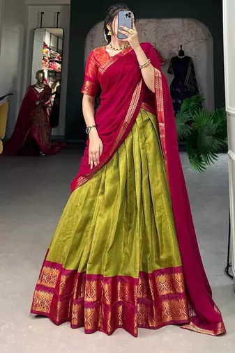 Vibrant Olive Green & Rani Pink Traditional Silk Lehenga Set