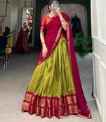Vibrant Olive Green & Rani Pink Traditional Silk Lehenga Set