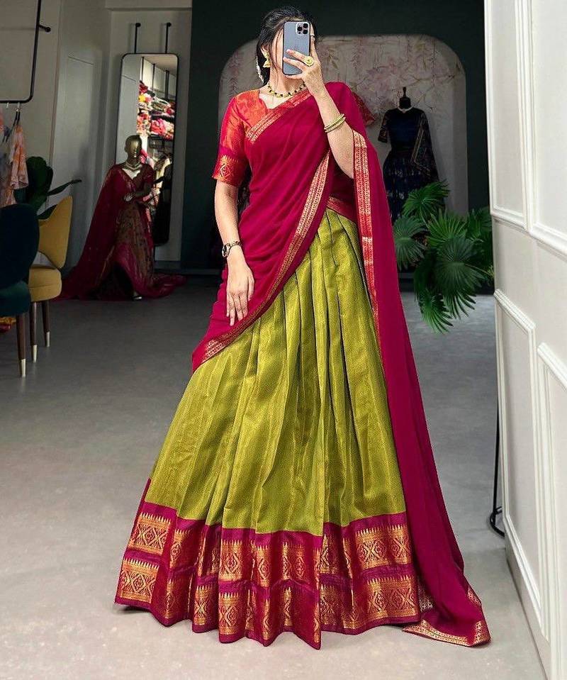 Vibrant Olive Green & Rani Pink Traditional Silk Lehenga Set