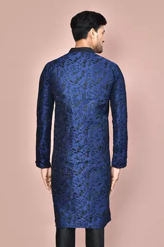 Navy blue dupion art silk  kurta with  open sherwani style and full inside cotton linen