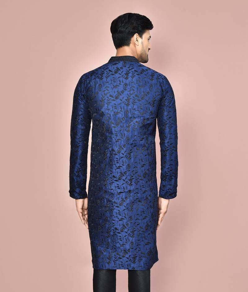 Navy blue dupion art silk  kurta with  open sherwani style and full inside cotton linen