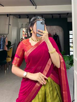 Vibrant Olive Green & Rani Pink Traditional silk blend Lehenga Set 2
