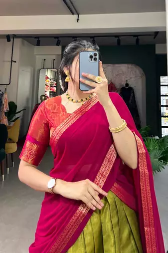 Vibrant Olive Green & Rani Pink Traditional Silk Lehenga Set
