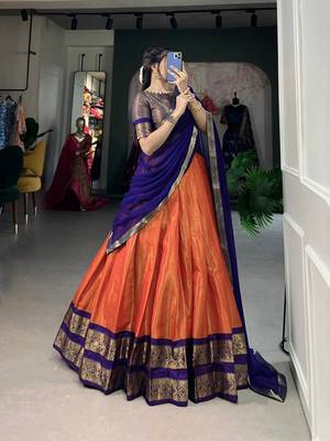 Stunning Burnt Orange & Royal Blue Border silk blend Lehenga Choli Outfit 3