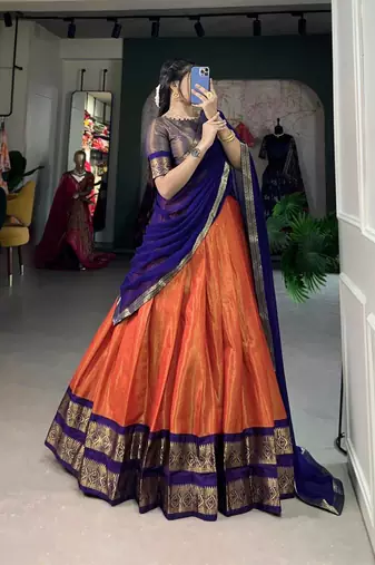 Stunning Burnt Orange & Royal Blue Border Silk Lehenga Choli Outfit