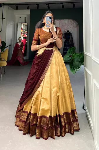 Classic Cream Maroon Contrast Border Silk Ethnic Lehenga Choli