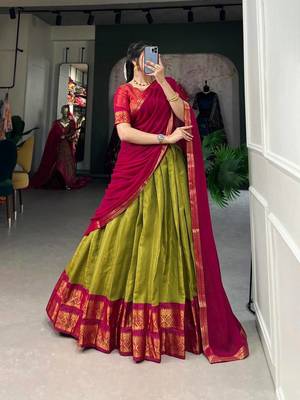 Vibrant Olive Green & Rani Pink Traditional silk blend Lehenga Set 3