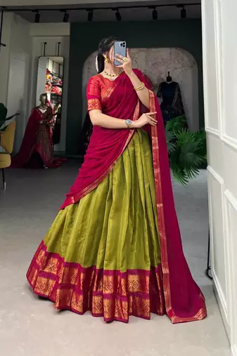 Vibrant Olive Green & Rani Pink Traditional Silk Lehenga Set
