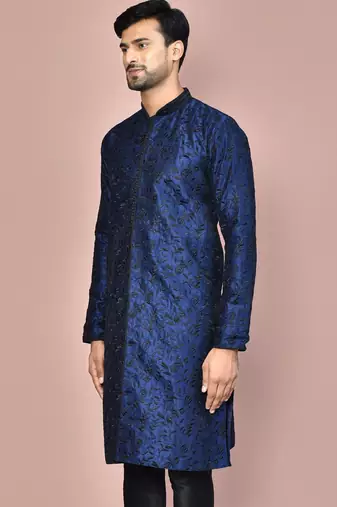 Navy blue dupion art silk  kurta with  open sherwani style and full inside cotton linen