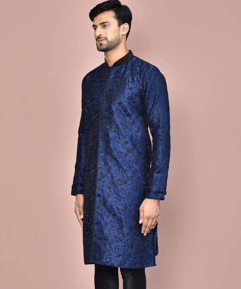 Navy blue dupion art silk  kurta with  open sherwani style and full inside cotton linen