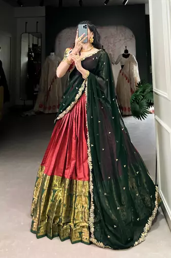 Classic Red Lehenga with Forest Green Dupatta and Traditional Motif Zari Work