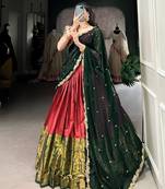 Classic Red Lehenga with Forest Green Dupatta and Traditional Motif Zari Work