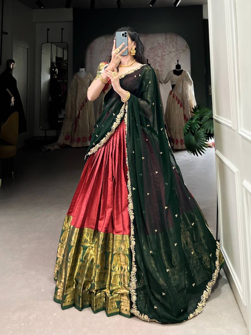 Classic Red Lehenga with Forest Green Dupatta and Traditional Motif Zari Work