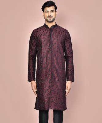 Wine dupion art silk  kurta with  open sherwani style and full inside cotton linen 1