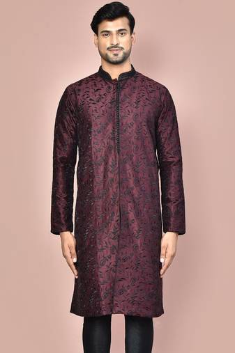 Wine dupion art silk  kurta with  open sherwani style and full inside cotton linen