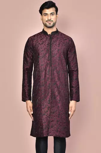 Wine dupion art silk  kurta with  open sherwani style and full inside cotton linen