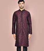 Wine dupion art silk  kurta with  open sherwani style and full inside cotton linen