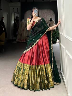 Classic Red Lehenga with Forest Green Dupatta and Traditional Motif Zari Work 2
