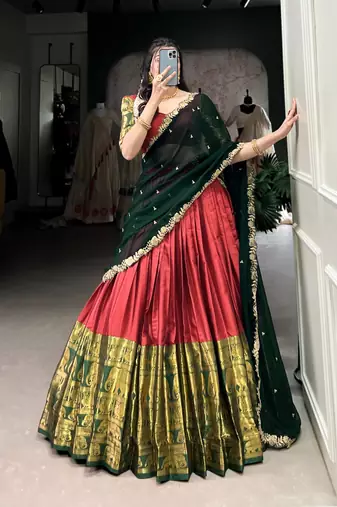 Classic Red Lehenga with Forest Green Dupatta and Traditional Motif Zari Work