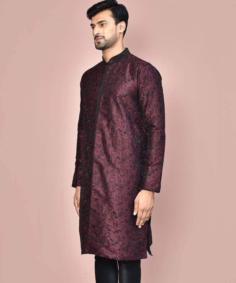 Wine dupion art silk  kurta with  open sherwani style and full inside cotton linen