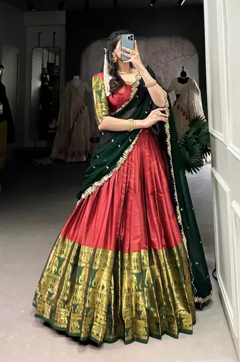 Classic Red Lehenga with Forest Green Dupatta and Traditional Motif Zari Work