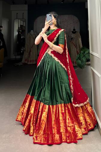 Traditional Silk Lehenga Set in Deep Green and Red with Ethnic Elephant Motif Border