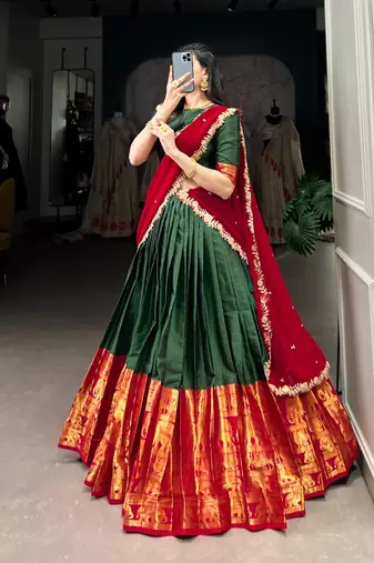 Traditional Silk Lehenga Set in Deep Green and Red with Ethnic Elephant Motif Border