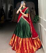 Traditional Silk Lehenga Set in Deep Green and Red with Ethnic Elephant Motif Border