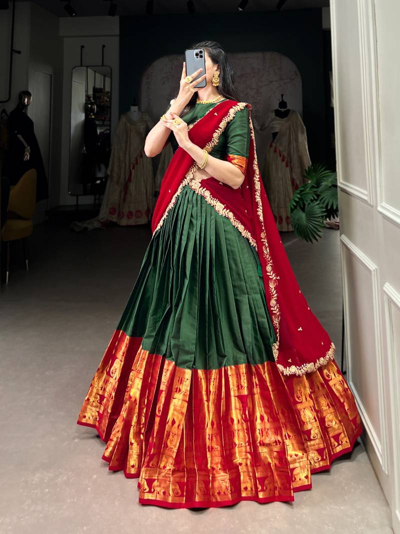 Traditional Silk Lehenga Set in Deep Green and Red with Ethnic Elephant Motif Border