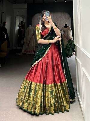 Classic Red Lehenga with Forest Green Dupatta and Traditional Motif Zari Work 4