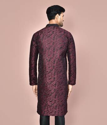 Wine dupion art silk  kurta with  open sherwani style and full inside cotton linen 3