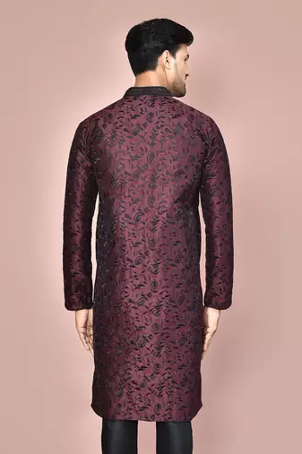Wine dupion art silk  kurta with  open sherwani style and full inside cotton linen