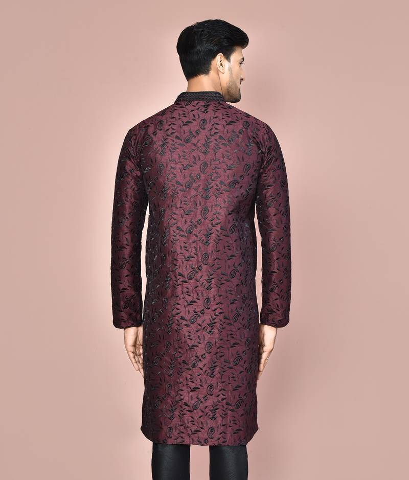 Wine dupion art silk  kurta with  open sherwani style and full inside cotton linen