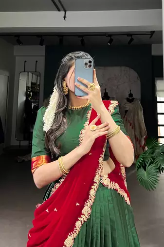 Traditional Silk Lehenga Set in Deep Green and Red with Ethnic Elephant Motif Border