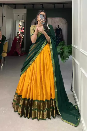  Mustard Yellow Deep Green Traditional Silk Lehenga Choli Set