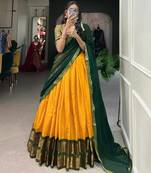 Elegant Mustard Yellow  Deep Green Traditional Silk Lehenga Choli Set
