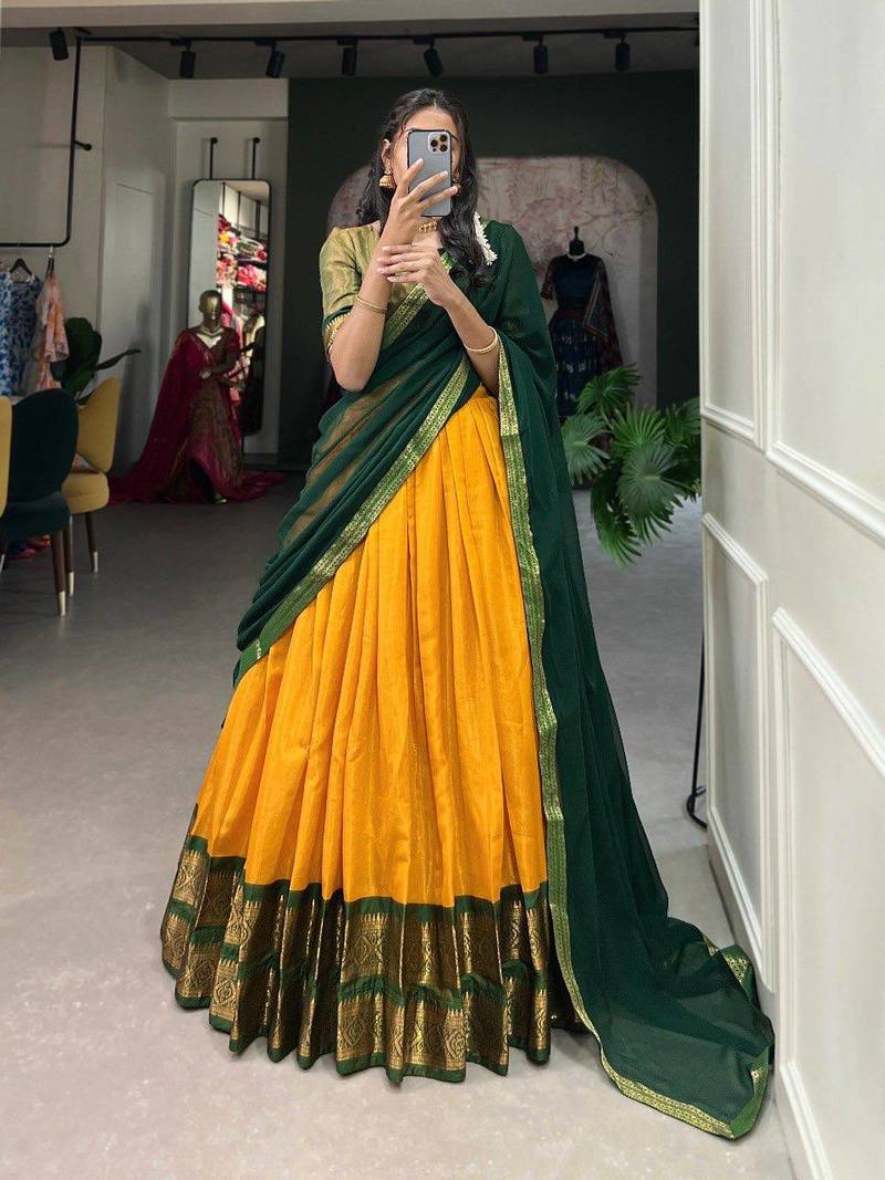 Elegant Mustard Yellow  Deep Green Traditional Silk Lehenga Choli Set