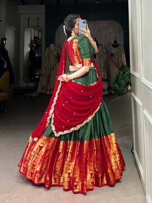 Traditional silk blend Lehenga Set in Deep Green and Red with Ethnic Elephant Motif Border 3