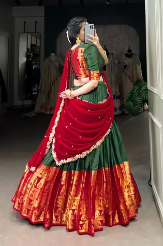 Traditional Silk Lehenga Set in Deep Green and Red with Ethnic Elephant Motif Border
